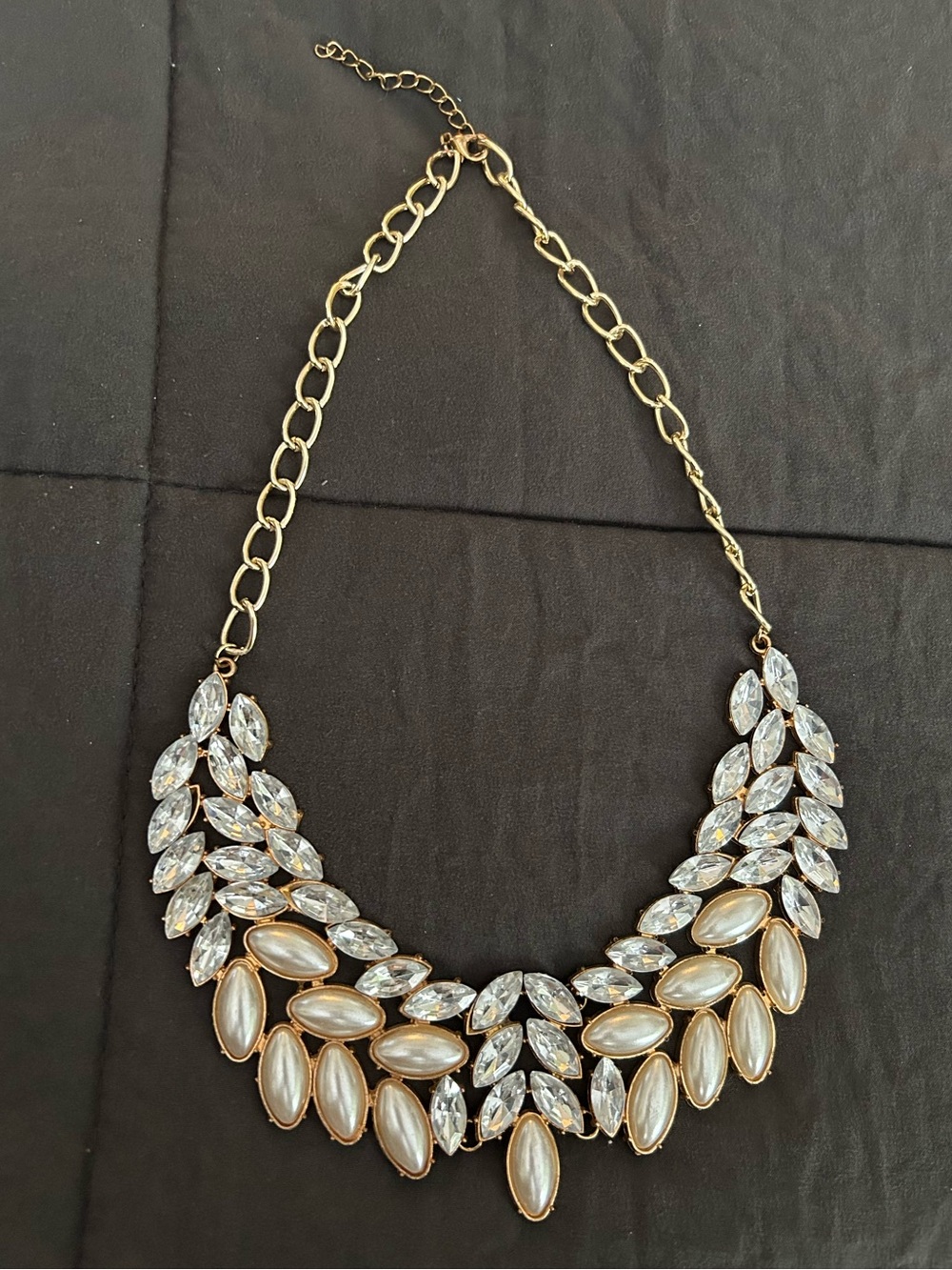 Gold Tone Statement Necklace with Pearl and Crystal Accents